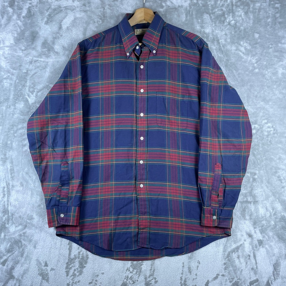 Vintage LL Bean Button Down Shirt Mens 16.5-35 Blue Plaid Long Sleeve USA Made